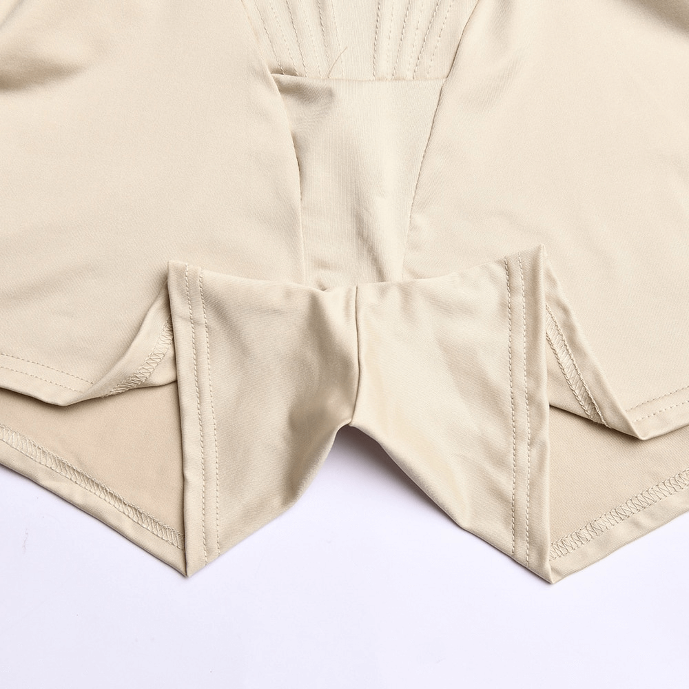 Close-up of beige Sexy O-Neck Short Sleeves Zipper Bodysuit fabric, highlighting seams and design. Perfect for a trendy, sleek look.
